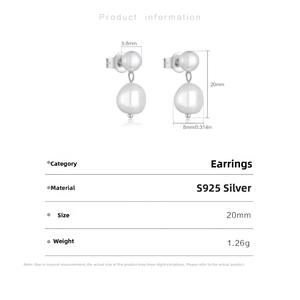 Detailed product dimensions for S925 silver baroque freshwater pearl drop earrings