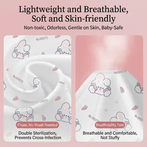 Portable travel bedding set with rabbit print showing breathable cotton fabric texture