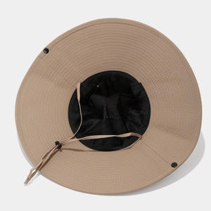 Outdoor 12cm wide brim sun hat in khaki with breathable mesh lining and windproof drawstring