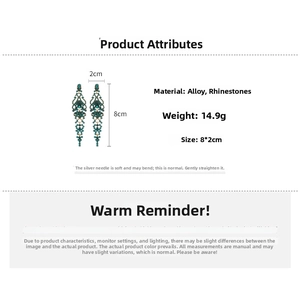 Detail view of long green tassel earrings showing size 8x2cm and weight 14.9g