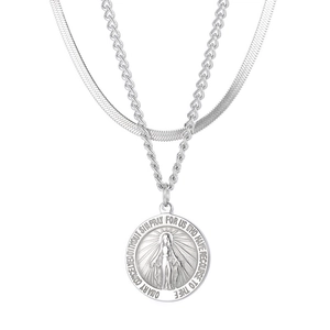 Double-layered silver necklace with flat snake chain and Miraculous Medal pendant