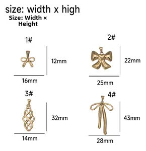 Detailed size guide for gold stainless steel bow charms in four different measurements