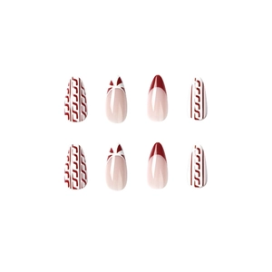 French red tip Christmas press-on nails with white cable knit sweater and wave textures
