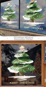 Makroaufnahme von verschneitem Weihnachtsbaum Fensteraufkleber mit Merry Christmas Text