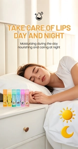 Nourishing 6-piece lip balm set for day and night lip care displayed on a bedside table