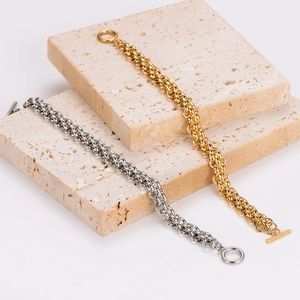 Minimalist stainless steel double chain bracelet with OT toggle clasp in gold and silver