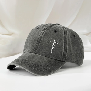 Retro Washed Cotton Baseball Cap With Faith Cross Embroidery Adjustable Vintage Distressed Sun Hat For Men And Women