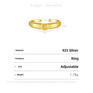 Detail view of adjustable 925 silver gold ring showing 17.8mm inner diameter and 1.78g weight