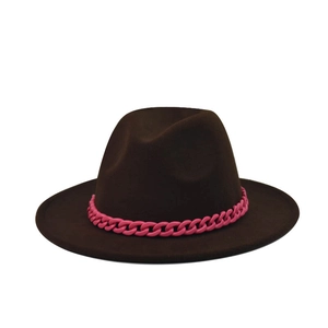 Close-up of brown wool felt fedora featuring a vibrant hot pink chunky chain detail