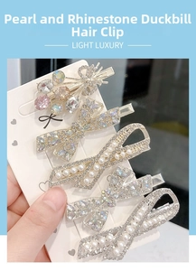 Detailed macro of crystal and pearl hair clips set with shimmering rhinestone accents