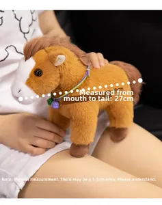Detail view of 27cm plush brown horse toy with purple neck strap and colorful bells