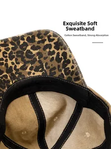 Detail of soft cotton sweatband with fine stitching on leopard print baseball cap