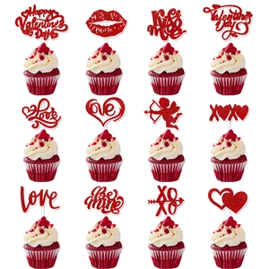 Glittery red Valentine's Day cupcake toppers set with various romantic heart designs