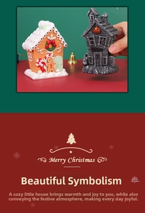 Close-up of resin gingerbread house ornament with candy and festive wreath details