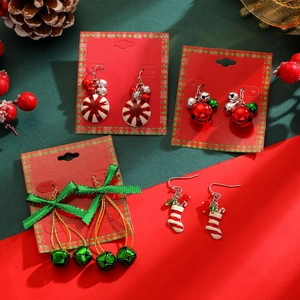 Creative Christmas themed earring set with bells, candy canes, and festive bows for women