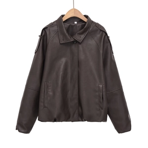 Dark brown faux leather biker jacket with stand collar and epaulettes on white background