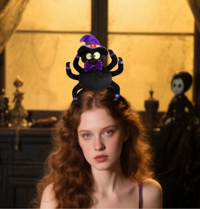 Detail of plush black spider headband with purple wizard hat for Halloween party costumes