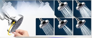 Detail of chrome shower head showing 5 spray modes and easy one-hand operation switch