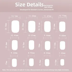 Size chart showing 24 pieces of pink flower press-on nails with 12 precise dimensions