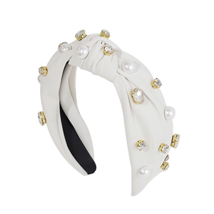 White fabric knotted headband with pearls and sparkling rhinestones for women
