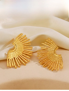Detailed macro view of 18K gold plated fan earrings with sunburst texture and matte finish