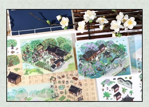 Vue détaillée d'autocollants de jardin classique chinois avec architecture traditionnelle