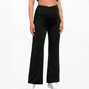 High waist maternity wide leg trousers with V-shaped belly support in black knit