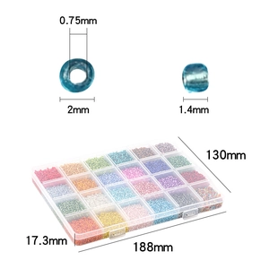 Detailed size specifications for 2mm glass seed beads set in 24-grid storage box