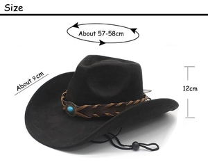 Black western cowboy hat with turquoise band and size details: 57-58cm crown, 9cm brim