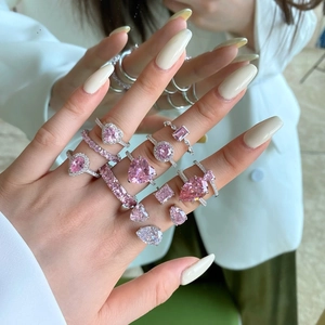 S925 Sterling Silver Pink Rhinestone Ring For Women Luxurious Fashion Heart Pear Geometric Adjustable Open Finger Ring Jewelry