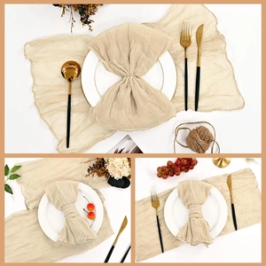 Boho beige wrinkled cheesecloth table runner and napkins for wedding table decoration