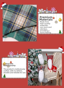 Detailed view of three festive gnome Christmas stockings with red green plaid and faux fur