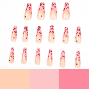 Pink leopard print long coffin press-on nails with red rhinestones and French tips