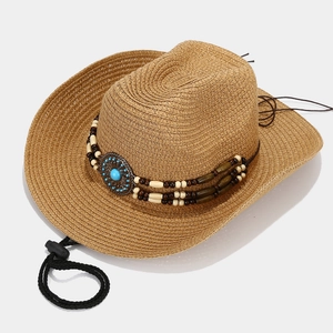 Western style wide brim straw sun hat with turquoise beads and adjustable chin strap