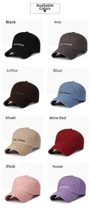 Detail showing eight vintage colors of embroidered cotton baseball caps in a grid layout