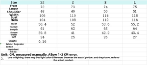 Tableau des tailles détaillé pour chemise en popeline rayée, mesures du XS au L