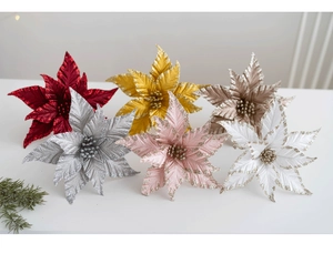 Flat lay of 25cm artificial Christmas flowers with glitter edges in six festive colors