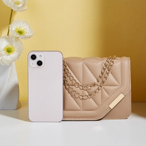Classic beige quilted chain bag for women with gold hardware and flap closure