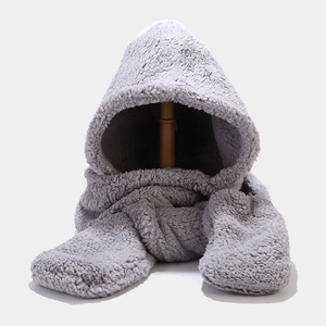 Close-up of grey plush bear-ear balaclava hood with long integrated scarf detail