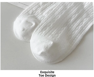 Detailed macro shot of white lace socks featuring delicate crochet knit toe patterns