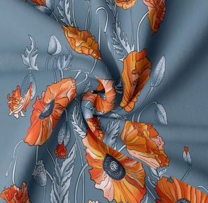 Detailed macro view of heavy-duty woven fabric showing orange poppy floral print texture