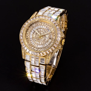 Detailed macro view of luxury gold watch featuring full rectangular zircon stone setting