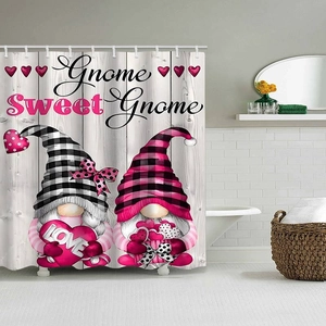 Gnome Sweet Gnome Valentine theme shower curtain with wood pattern in modern bathroom