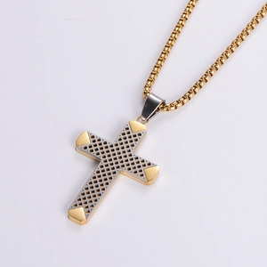 Two-tone stainless steel cross necklace with grid texture and golden box chain