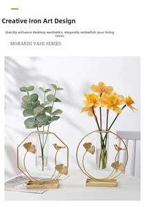 Modern gold geometric vase with bird decoration and glass tube for desktop floral display