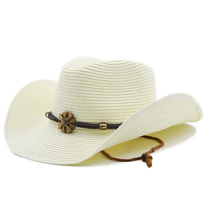 Wide brim cream straw western cowboy hat with brown braided band and wood buckle detail