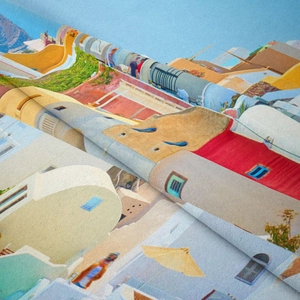 Detail showing high-quality Mediterranean Santorini print on soft microfiber fabric texture
