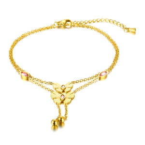 Double-layered gold clover bracelet with pink zircons and tassels on a white background