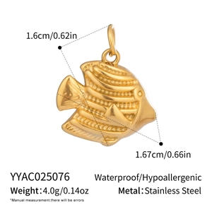 Detail view of gold tropical fish pendant with precise size and weight measurements