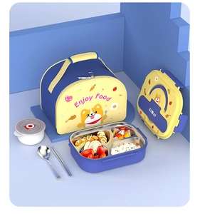 Detail of blue and yellow kids bento box with SUS316 stainless steel tray and cute lunch bag